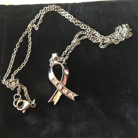 Breast Cancer Awareness Ribbon Pendant - Silver - Picture 1 of 5